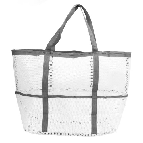 (White) Nylon Foldable Beach Shoulder Bag Multifunctional Mesh Tote Grey