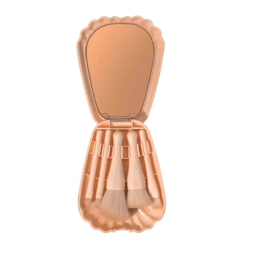 (Pink) Shell Portable Travel Makeup Brush Set 5 Sizes with Mirror Blue