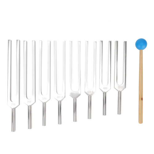 8x Yoga-Stimmgabeln Aluminium mit Hammer 1