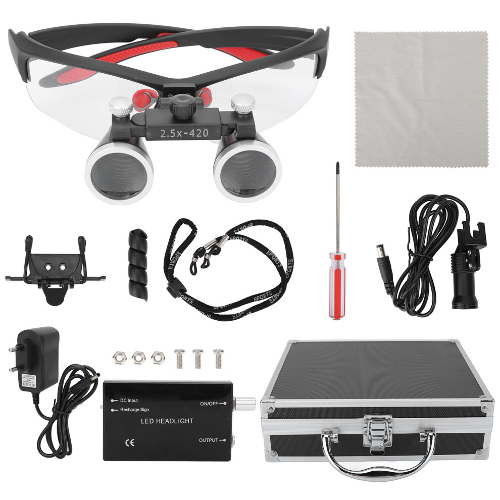 (EU Plug) Dental Head Mount Magnifier 2.5X LED Light Matte Black EU Plug