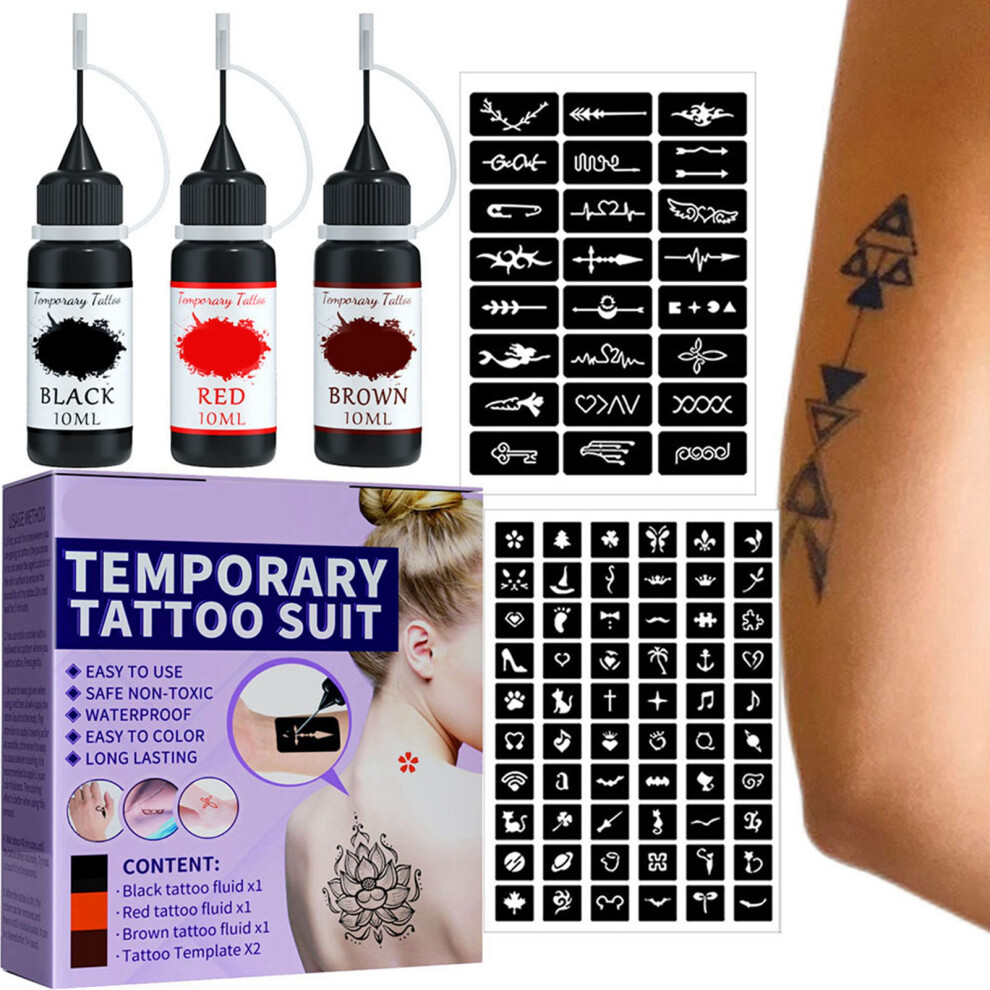 Temporary Tattoo Kit 3 Colors Fruity Ink 84 Patterns Stencils DIY