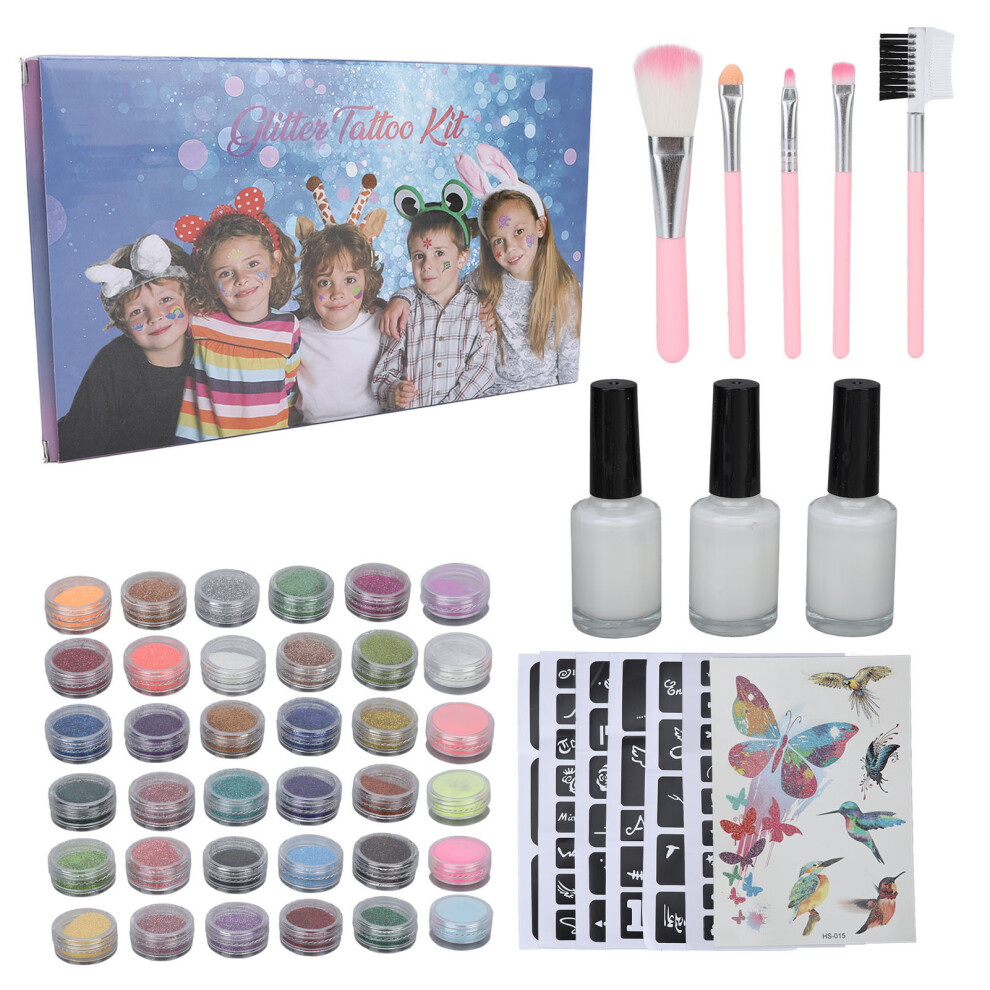 Dark 30 Colors Temporary Tattoo Glitter Kit With Brush Stencil For Kids