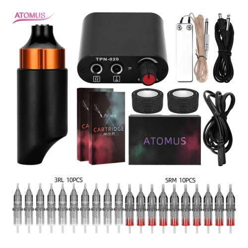 ATOMUS Tattoo Set Orange Rotary Pen + Needles + Power Supply