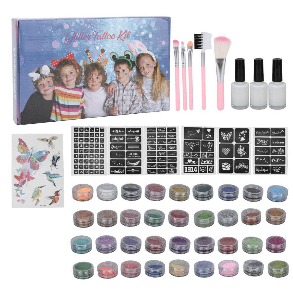 36 Colors Temporary Tattoo Glitter Set Kids Face Body Sticker Brush