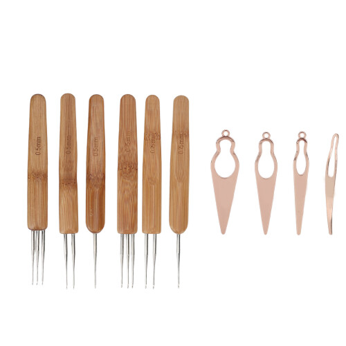 (Rose Gold) 10pcs Dreadlocks Tool Set Alloy Bamboo Crochet Hook Kit Silver