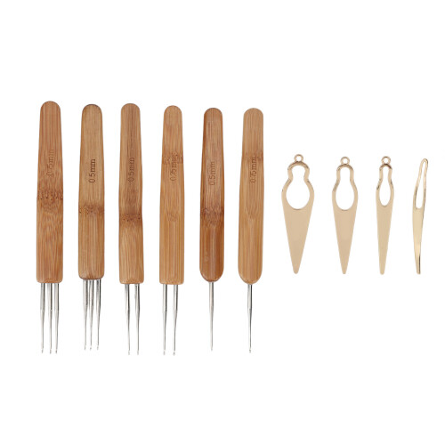 (Gold) 10pcs Dreadlocks Tool Set Alloy Bamboo Crochet Hook Kit Silver