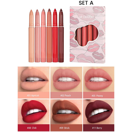 6 Colors Matte Crayon Lipstick Set Waterproof Long Lasting 1