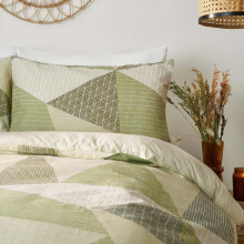(Sage Green, Superking) Stripe Geometric Duvet Cover with Pillowcase Bedding Set Grey Sage