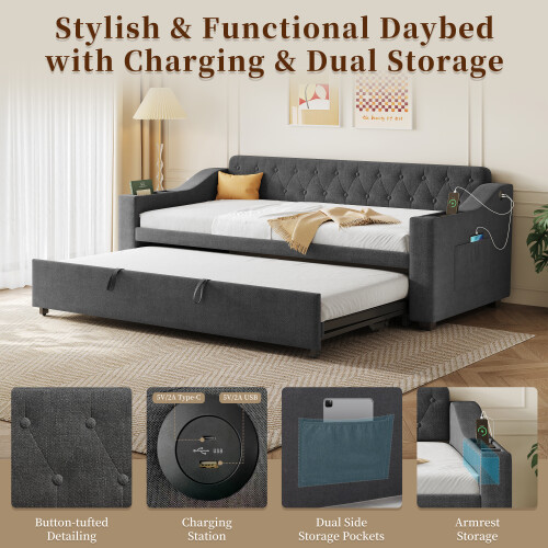 Sofa Bed with Charging Station 3ft Linen Daybed 1