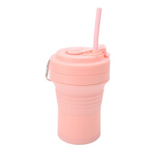 (Pink) Folding Coffee Cup 550ml Silicone Insulated with Straw Pink White