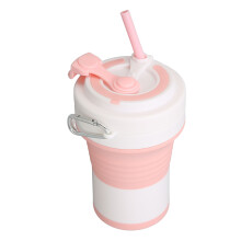 (Pink White) Folding Coffee Cup 550ml Silicone Insulated with Straw Pink White
