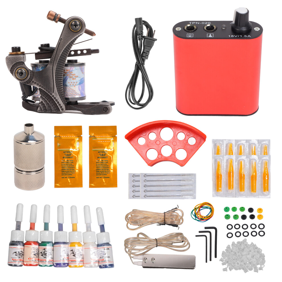 Red (Us Plug) Complete Tattoo Coil Machine Kit Power Supply Foot Pedal Cord