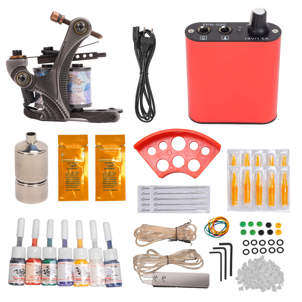 Red (Eu Plug) Complete Tattoo Coil Machine Kit Power Supply Foot Pedal Cord