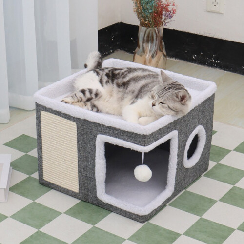 Lit de sommeil pour chats à double couche, avec poteau à 1