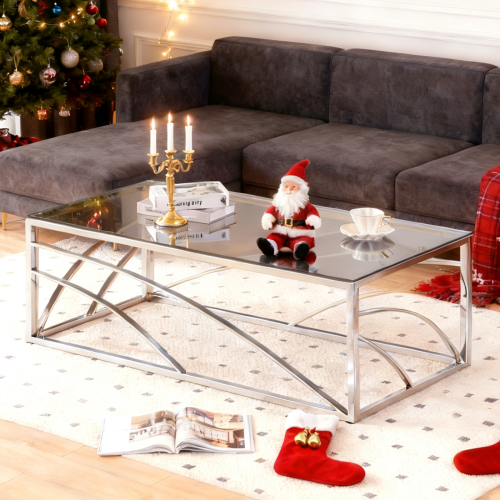 AINPECCA Silver Coffee Table Stainless Steel Tempered Glass