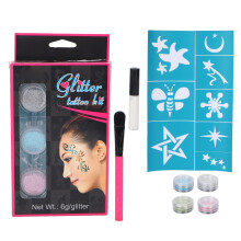 Glitzerpulver für Gesicht & Körper, 4 Farben, mit Kleber & Schablone