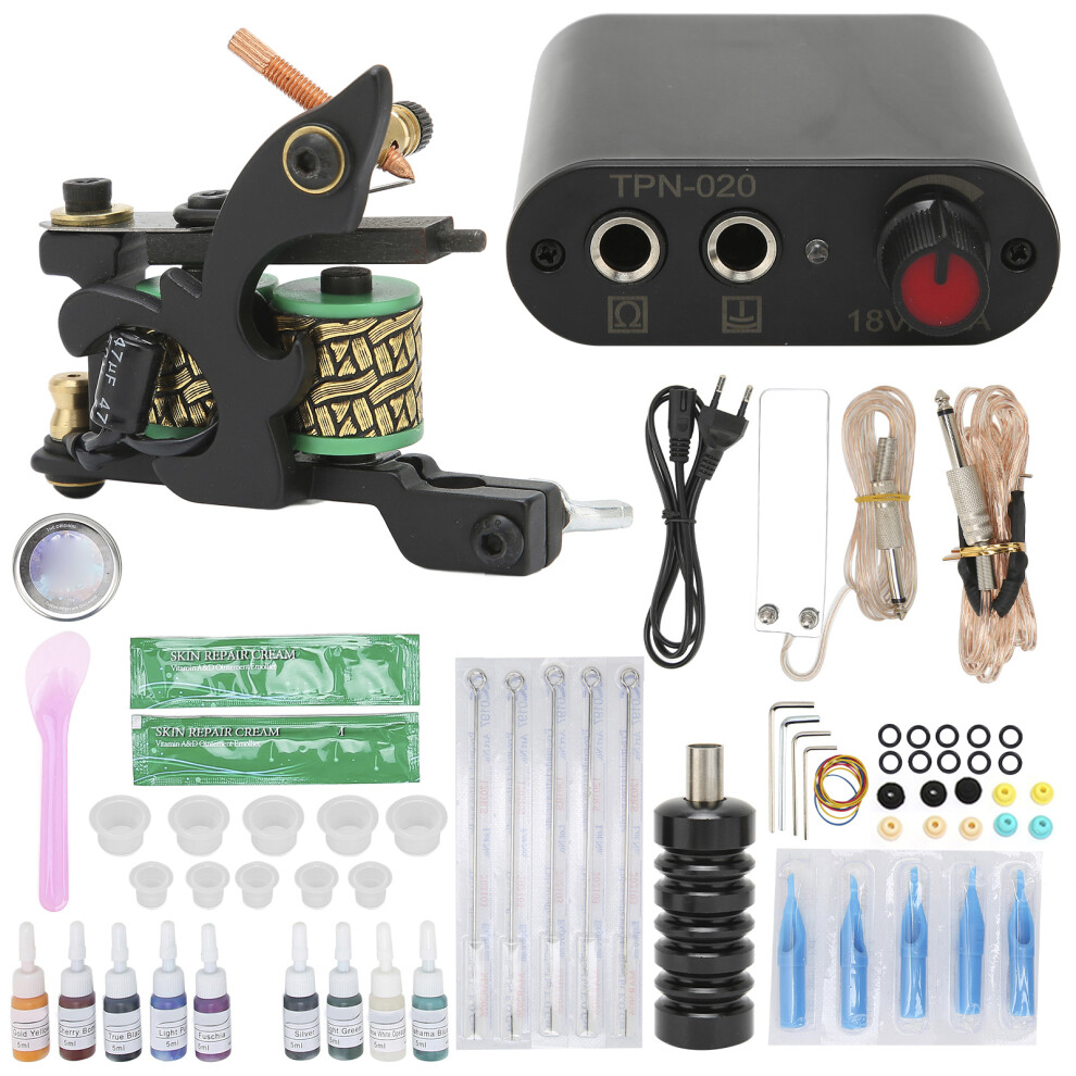 (EU Plug) Coil Tattoo Machine Set Power Supply Foot Pedal Needle 90-265V