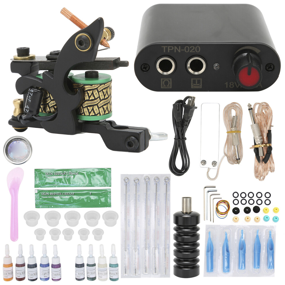 (US Plug) Coil Tattoo Machine Set Power Supply Foot Pedal Needle 90-265V