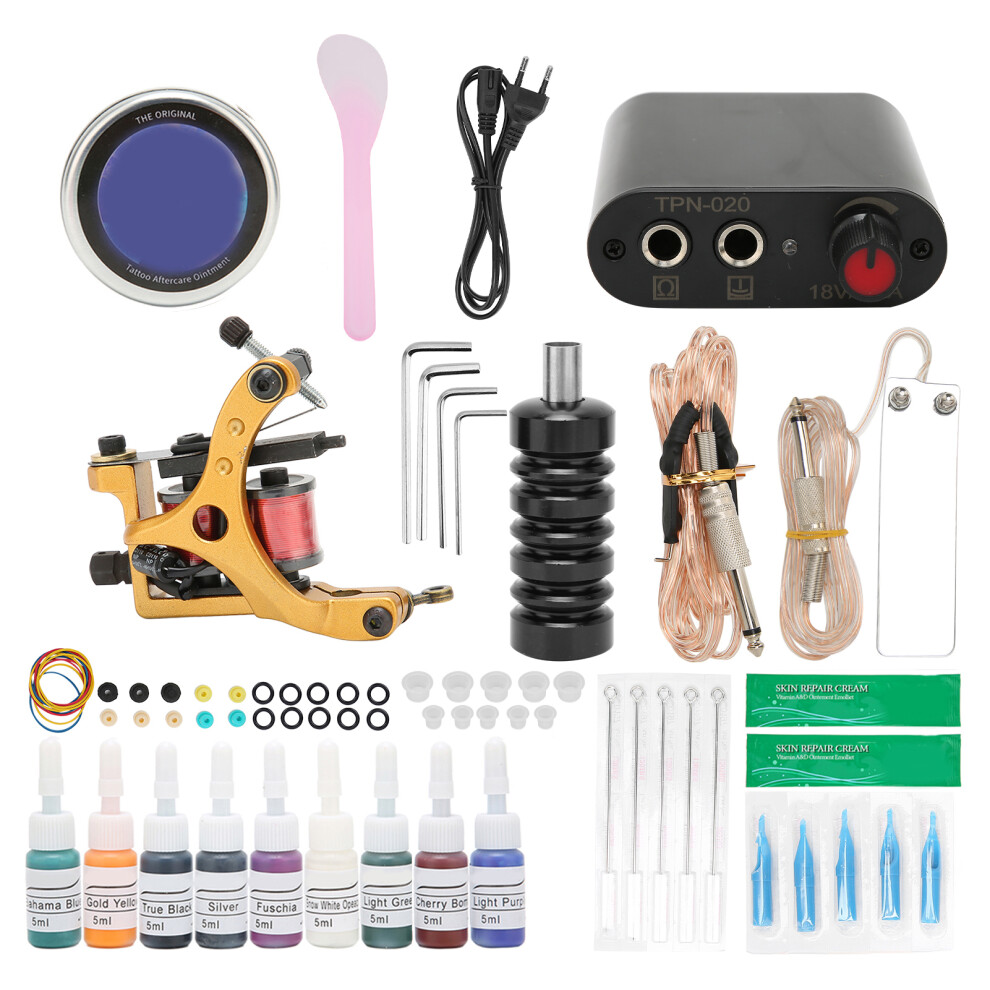 (EU Plug) Professional Coil Tattoo Starter Kit 9 Ink 90-265V Power Supply