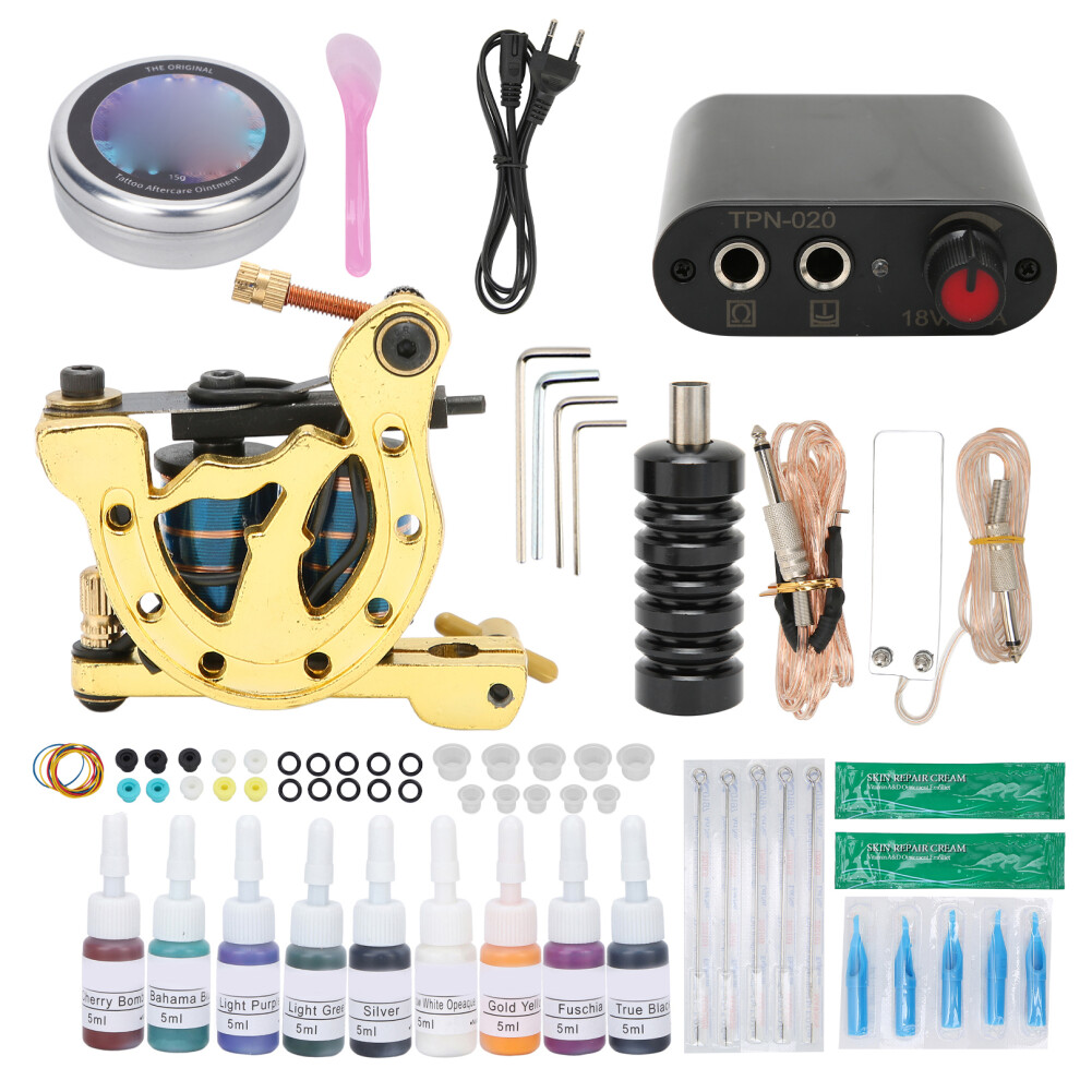 (EU Plug) Coil Tattoo Kit Power Supply Foot Pedal Needle Beginner Set 90-265V