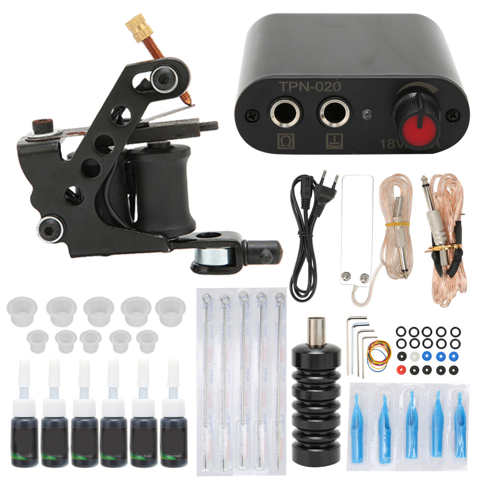 (EU Plug) Professional Tattoo Kit 8 Wrap Liner Coil Machine 90-265V EU Plug