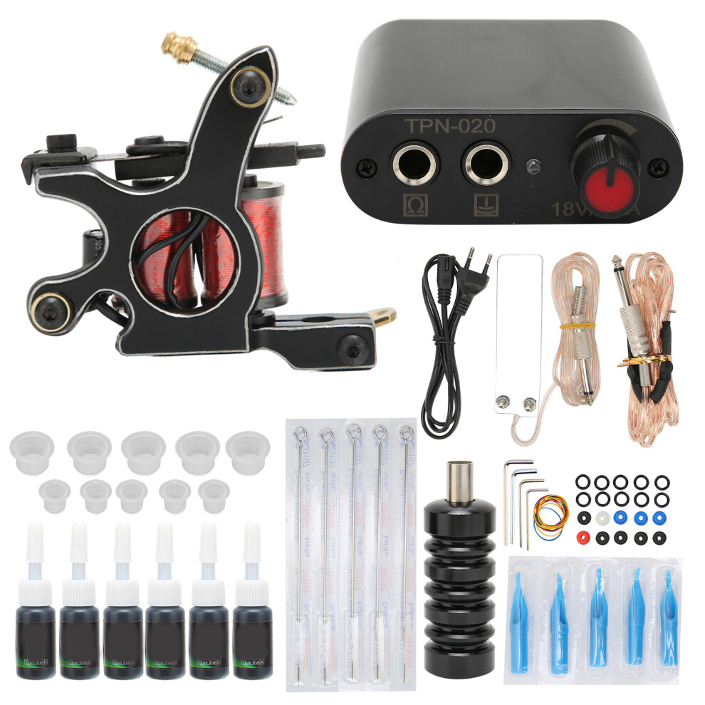 (EU Plug) Coil Tattoo Machine Kit Power Supply Foot Pedal 90-265V EU Plug