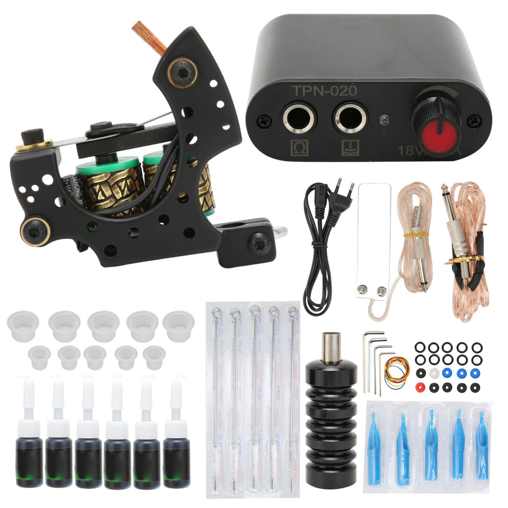 (EU Plug) Tattoo Starter Kit 6 Inks Power Supply Foot Pedal Needles