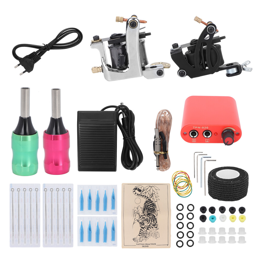 (EU Plug) Pro Tattoo Machine Kit Liner Shader Needle Grommet 90-265V UK Plug