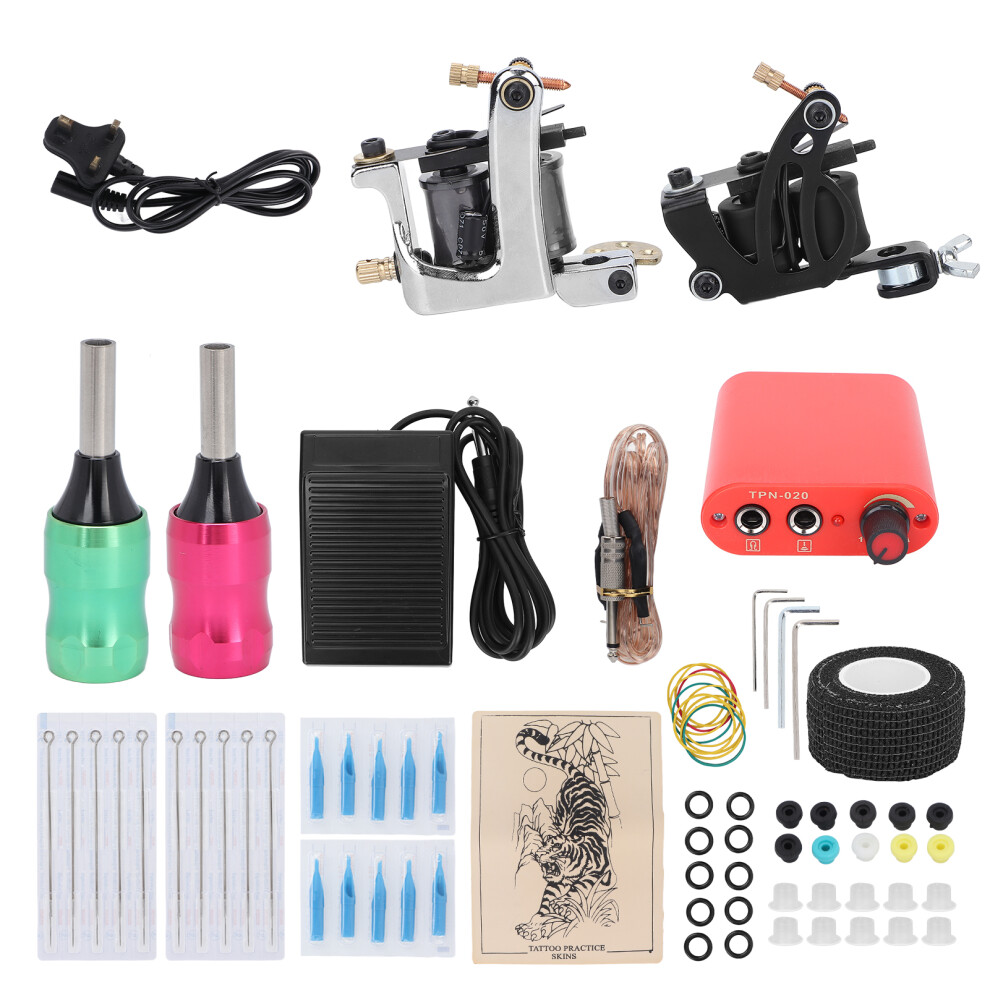 (UK Plug) Pro Tattoo Machine Kit Liner Shader Needle Grommet 90-265V UK Plug