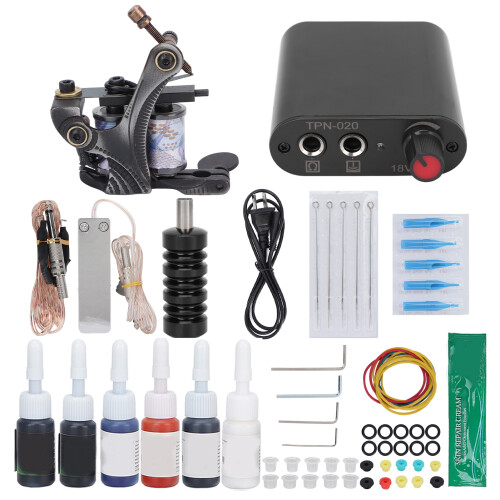 (US Plug) Pro Tattoo Kit 10 Wrap Coil Machine PSU 90-265V US Plug