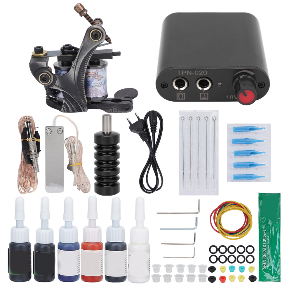 (EU Plug) Professional Tattoo Machine Kit 10 Wraps Coil Machine 90-265V US Plug