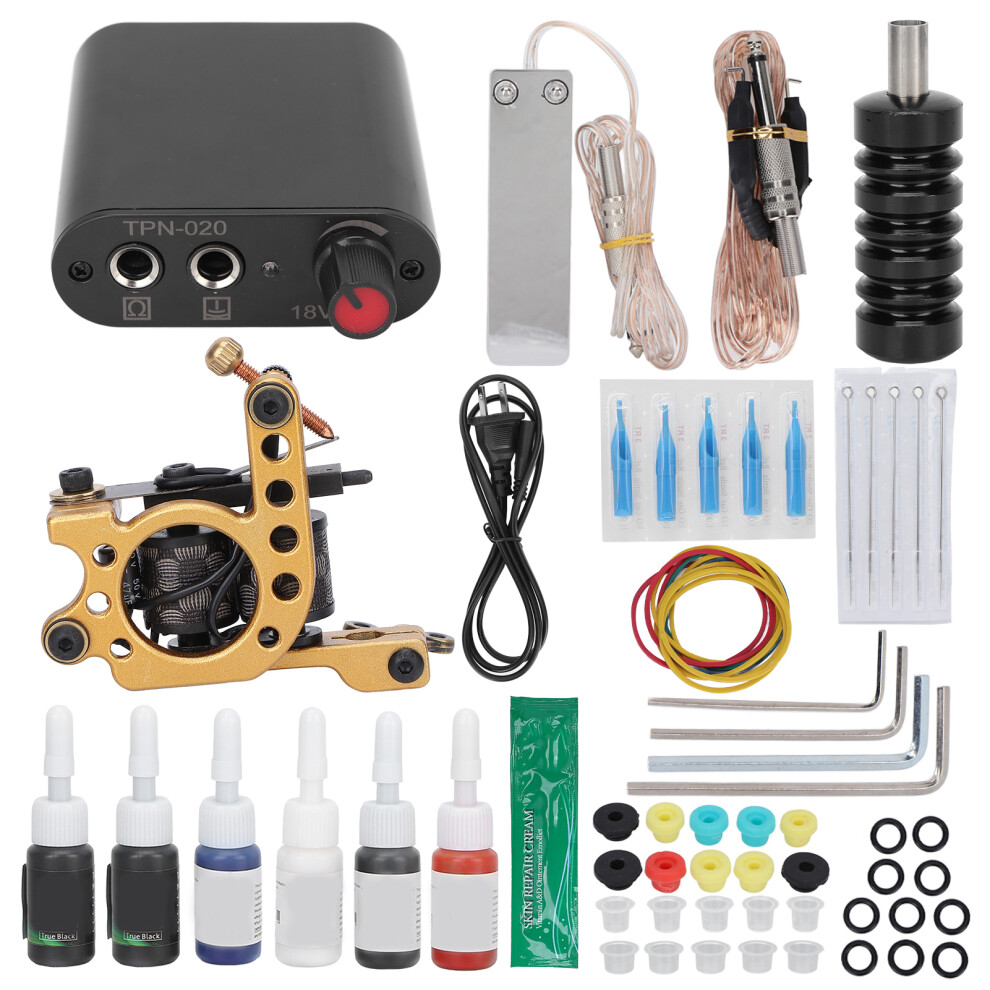 (US Plug) Professional Tattoo Machine Kit 10 Wraps Coil Machine 90-265V US Plug