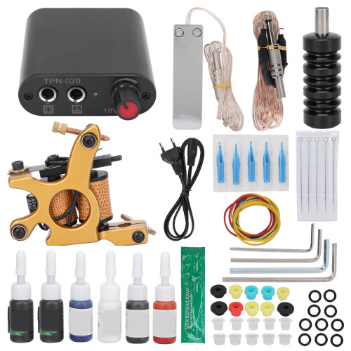 (EU Plug) Professional tattoo machine set 10 wraps coil 90-265V EU plug
