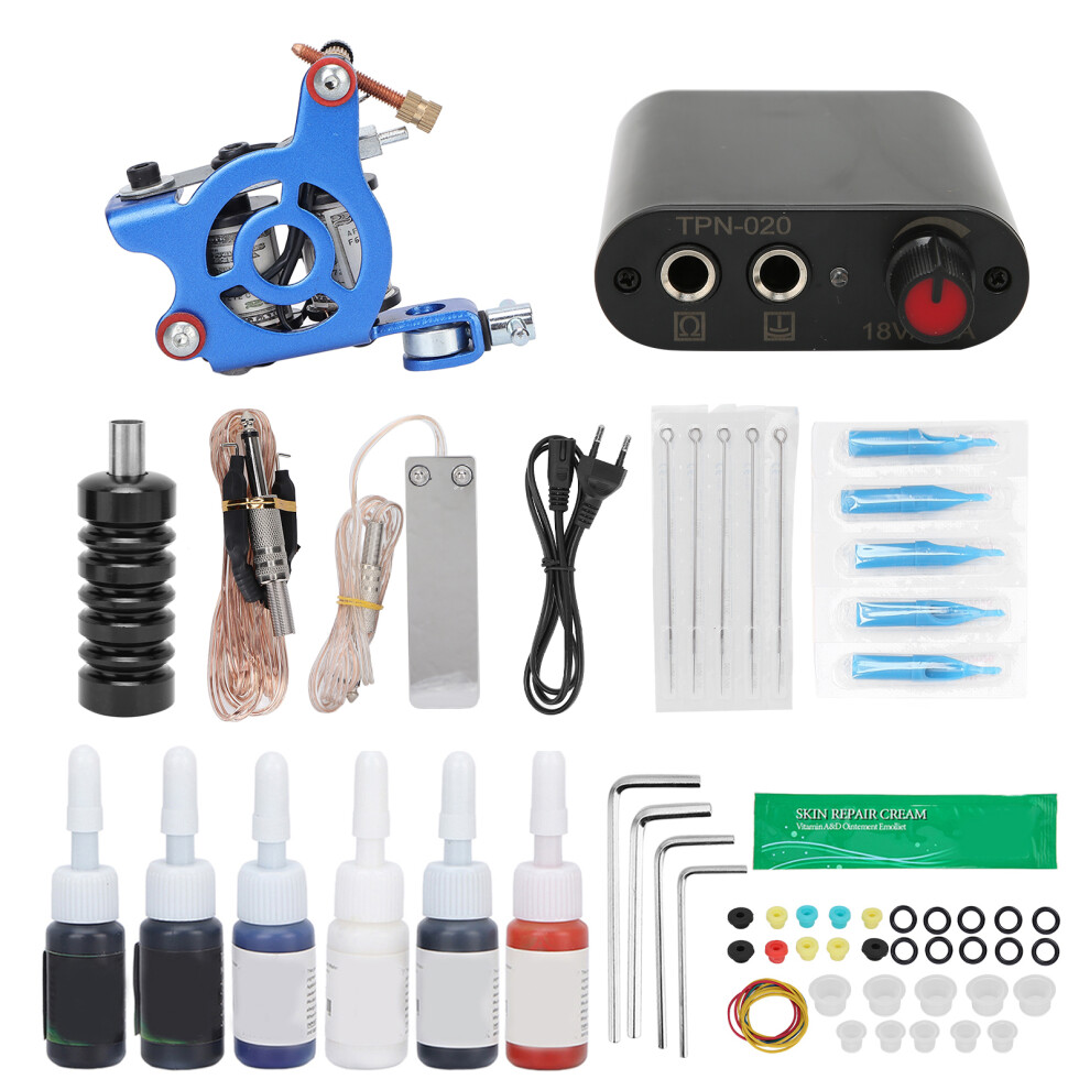 (EU Plug) Complete Tattoo Kit Coils 6 Ink Grommet Needles 90-265V US Plug