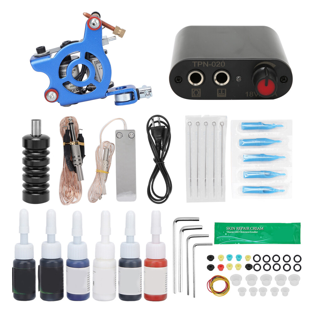 (US Plug) Complete Tattoo Kit Coils 6 Ink Grommet Needles 90-265V US Plug