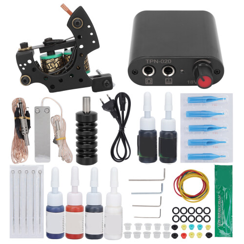 (EU Plug) Tattoo Machine Kit Coils 6 Ink Power Supply 90-265V EU Plug