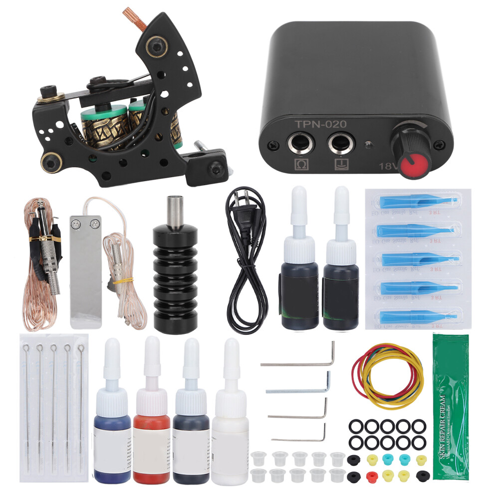 (US Plug) Tattoo Machine Kit Coils 6 Ink Power Supply 90-265V EU Plug
