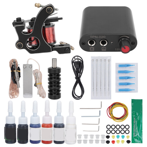 (US Plug) Tattoo Coil Machine Set + PSU, 90-265V EU Plug