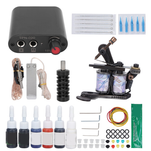 (US Plug) Pro Tattoo Kit 10 Wrap Coil Machine PSU 90-265V US Plug 2