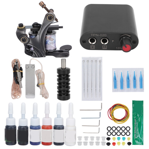 (US Plug) Pro Tattoo Kit 10 Wrap Coil Machine PSU 90-265V US Plug 1