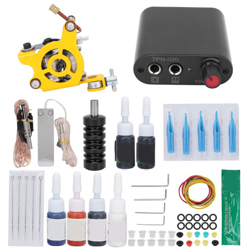(EU Plug) Tattoo Machine Kit Coils 6 Ink Grommet 90-265V US Plug 1