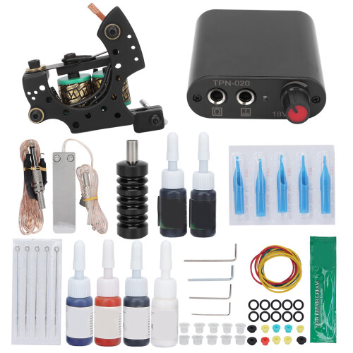 (EU Plug) Tattoo Machine Kit Coils 6 Ink Power Supply 90-265V EU Plug 1