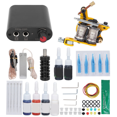 (EU Plug) Tattoo Machine Kit Coils 6 Ink Grommet 90-265V US Plug 2
