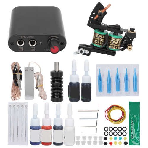 (EU Plug) Tattoo Machine Kit Coils 6 Ink Power Supply 90-265V EU Plug 2