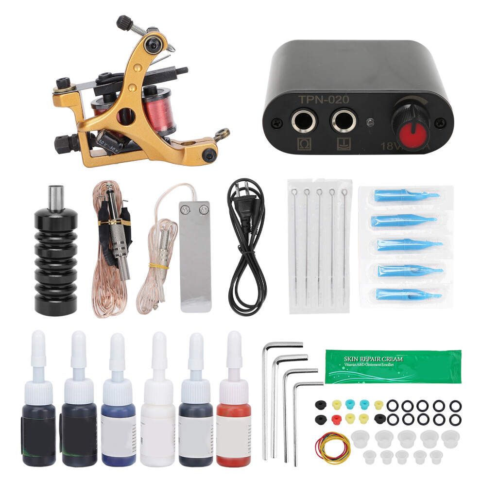 (US Plug) Professional Tattoo Machine Kit with 6 Inks, Needles, 90-265V