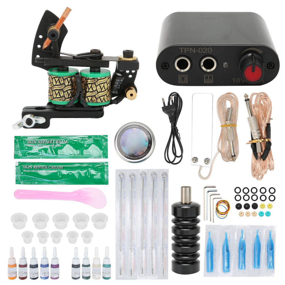 (EU Plug) Professional Tattoo Starter Kit Coil Machine 10 Ink Grommet 90-265V