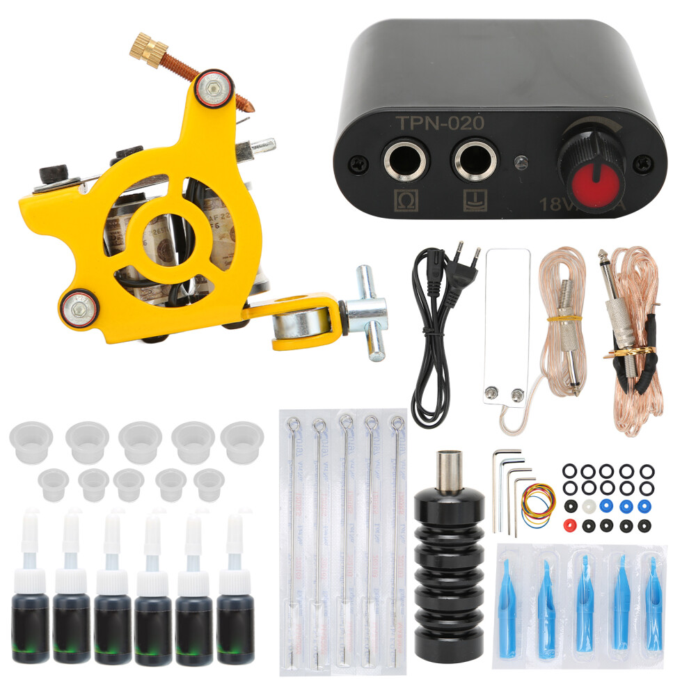 (EU Plug) Tattoo Starter Kit Coil Machine Foot Pedal Needles Power Supply