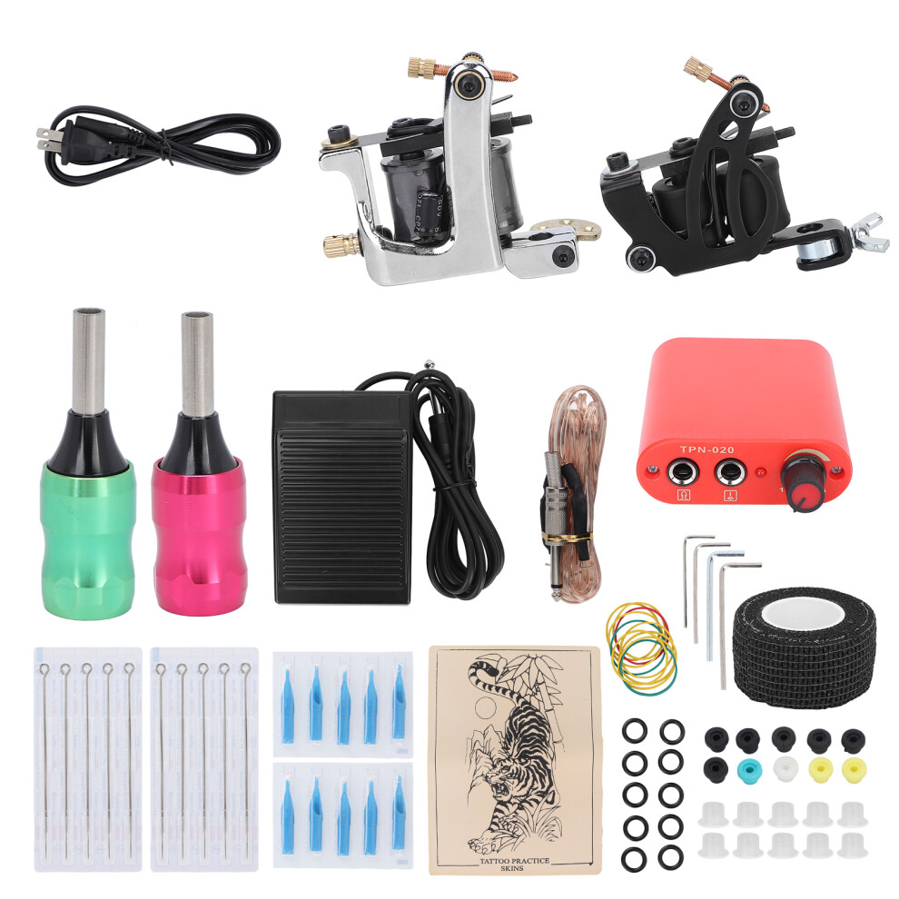 (US Plug) Pro Tattoo Machine Kit Liner Shader Needle Grommet 90-265V UK Plug
