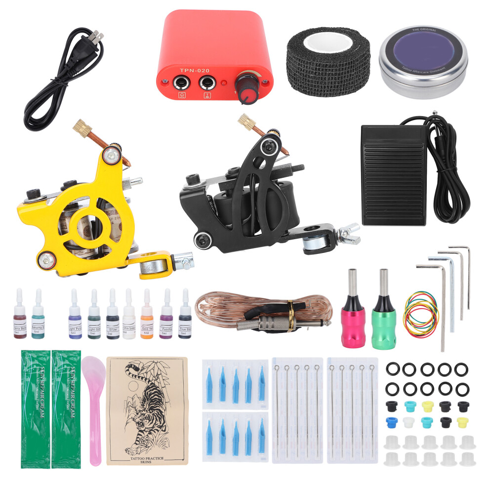 (US Plug) Tattoo Kit 10 Ink Needle Set for Beginners 90-265V EU Plug