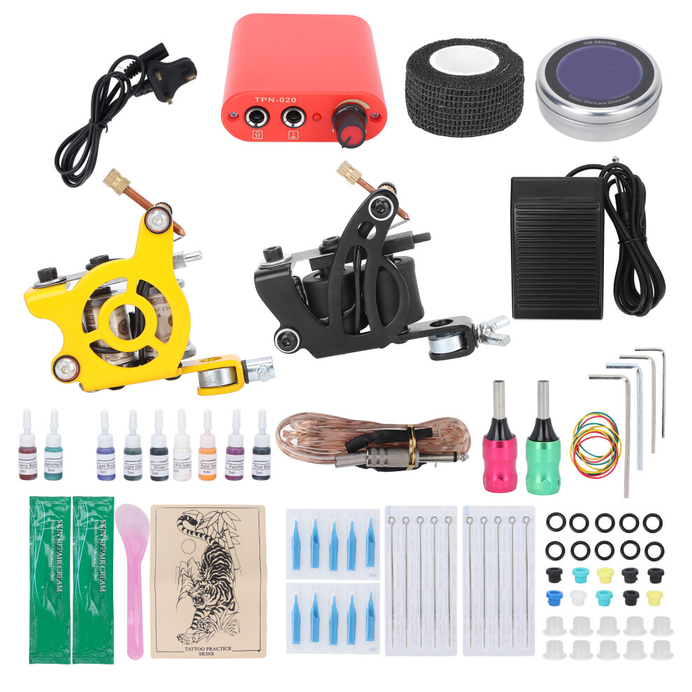 (UK Plug) Tattoo Kit 10 Ink Needle Set for Beginners 90-265V EU Plug